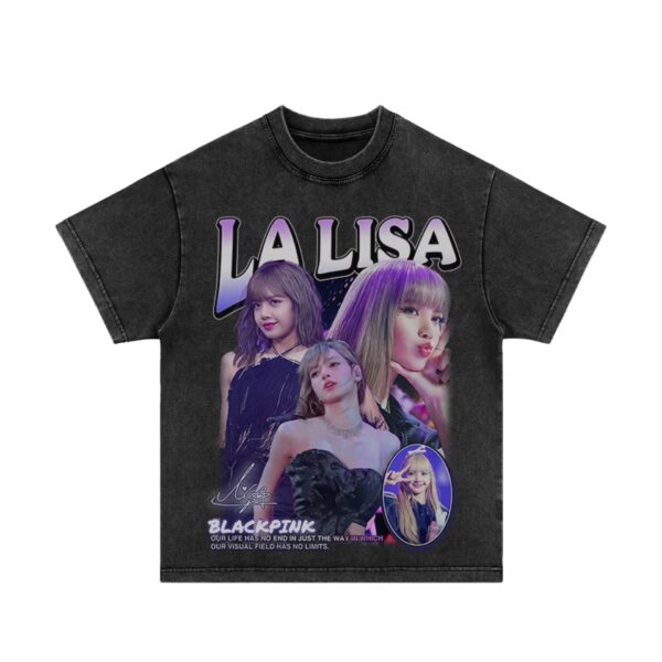 Lalisa's portrait printed grey T-shirt in neon style